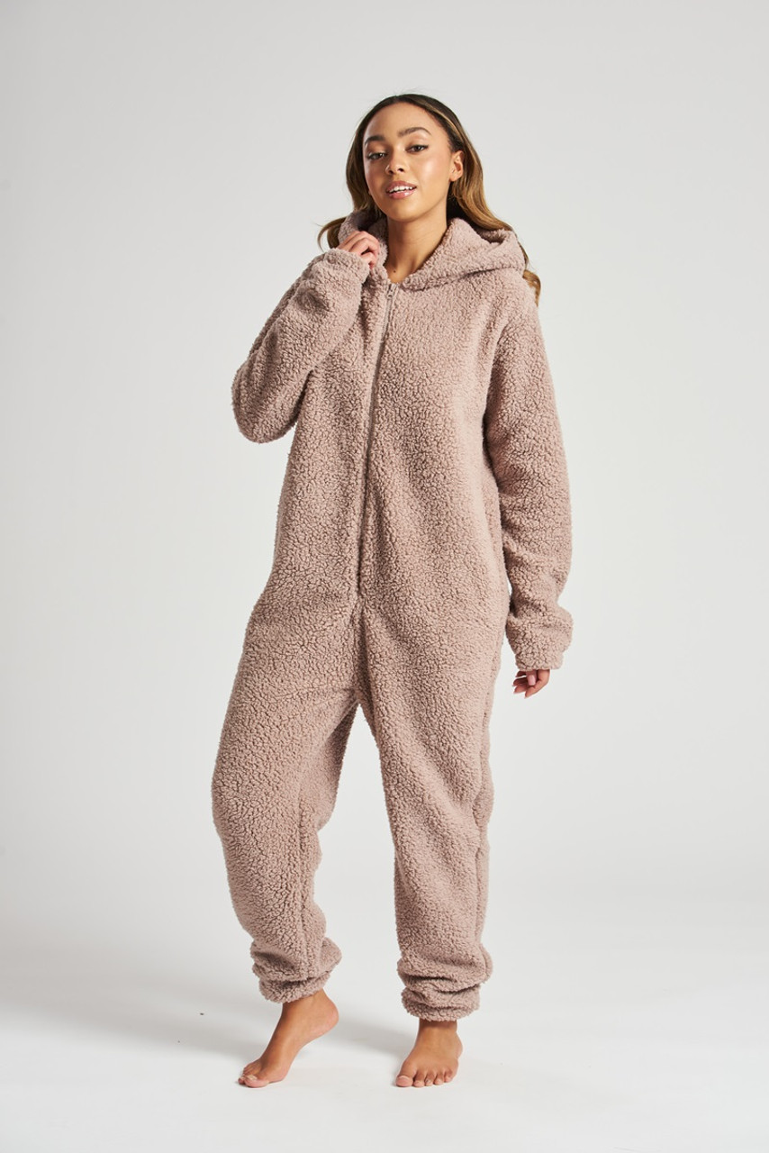 Ladies Taupe Teddy Ears Snuggly Borg Fleece Hooded Onesie Heat