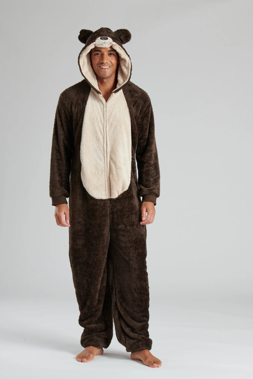 Mens Brown Bear Novelty 3D Hood Sherpa Fleece Onesie Heat Treats