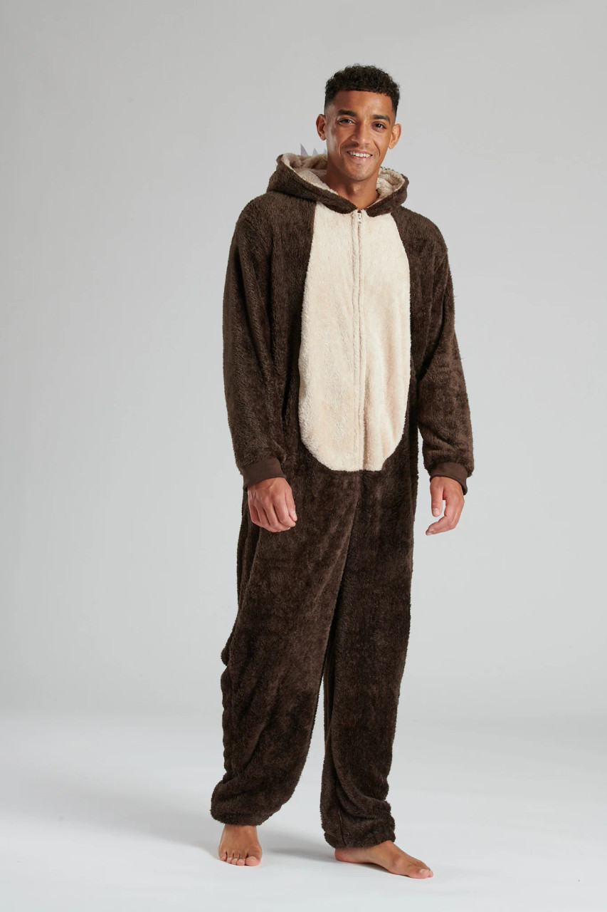 Mens Brown Bear Novelty 3D Hood Sherpa Fleece Onesie Heat Treats