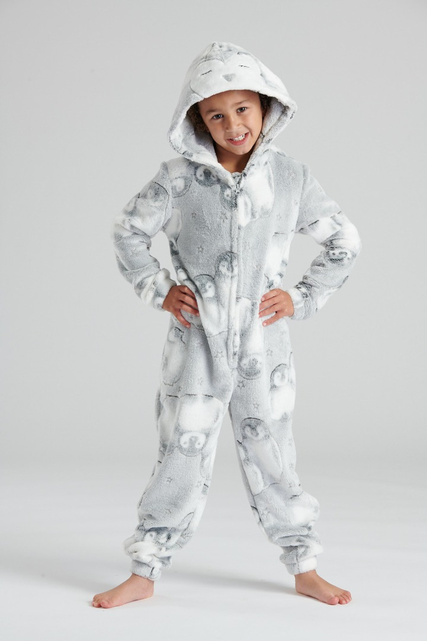 Nifty Kids Unisex Grey Penguins Fleece Hooded Onesie Heat Treats