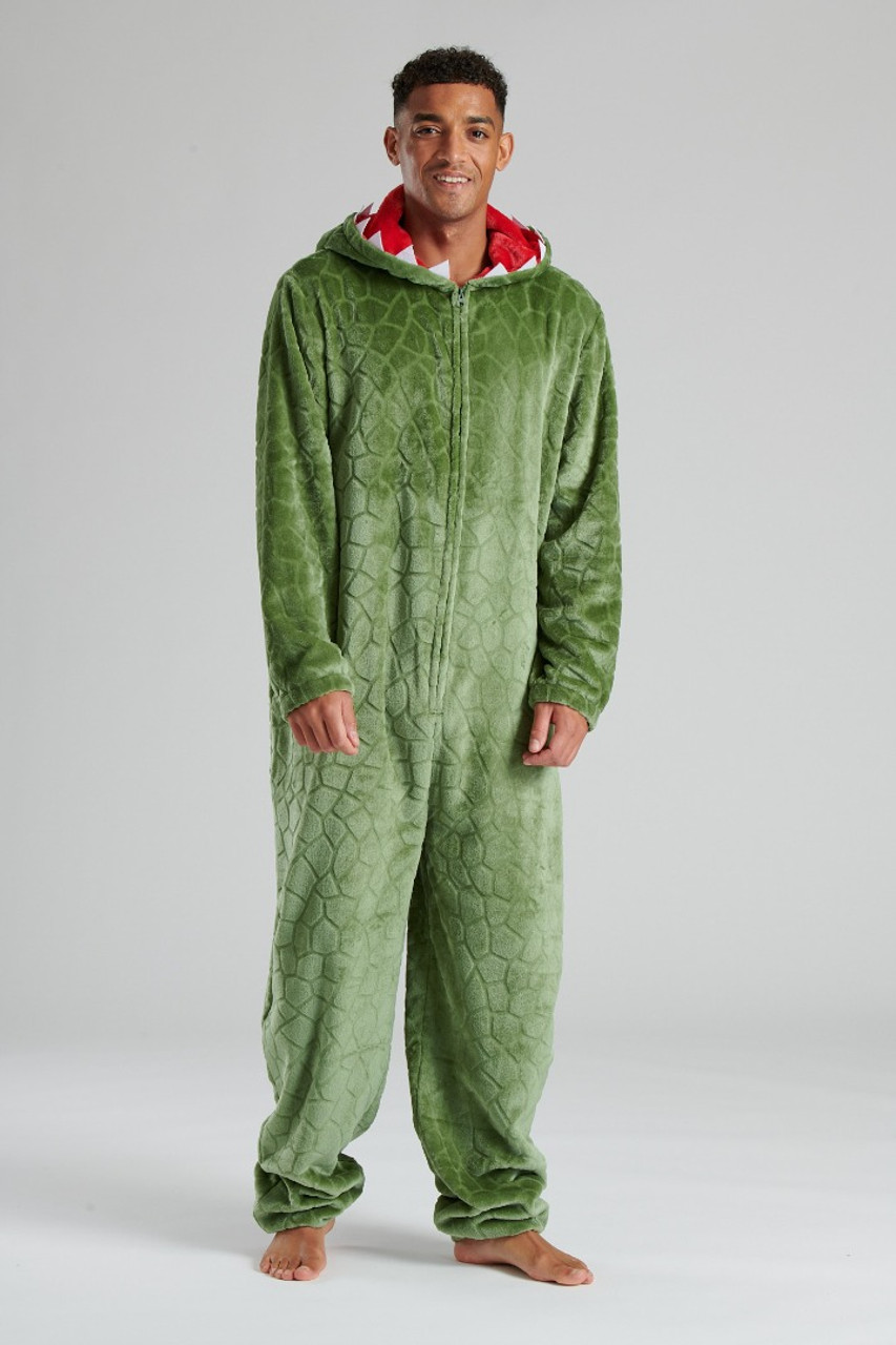 Loungeable Mens Green Dinosaur Novelty 3D Hood Fleece Onesie