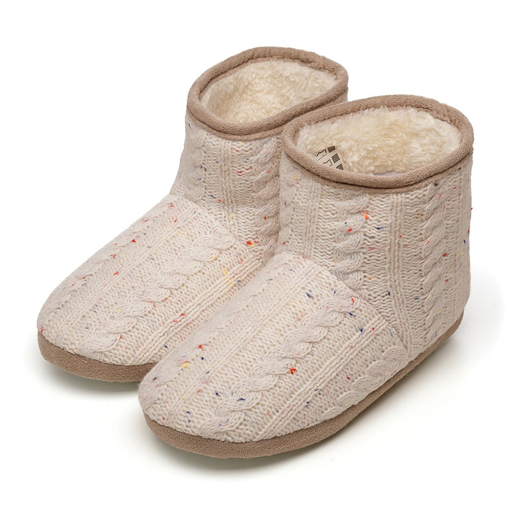 Womens Cream Speckled Cable Knit Slipper Boots Heat Treats