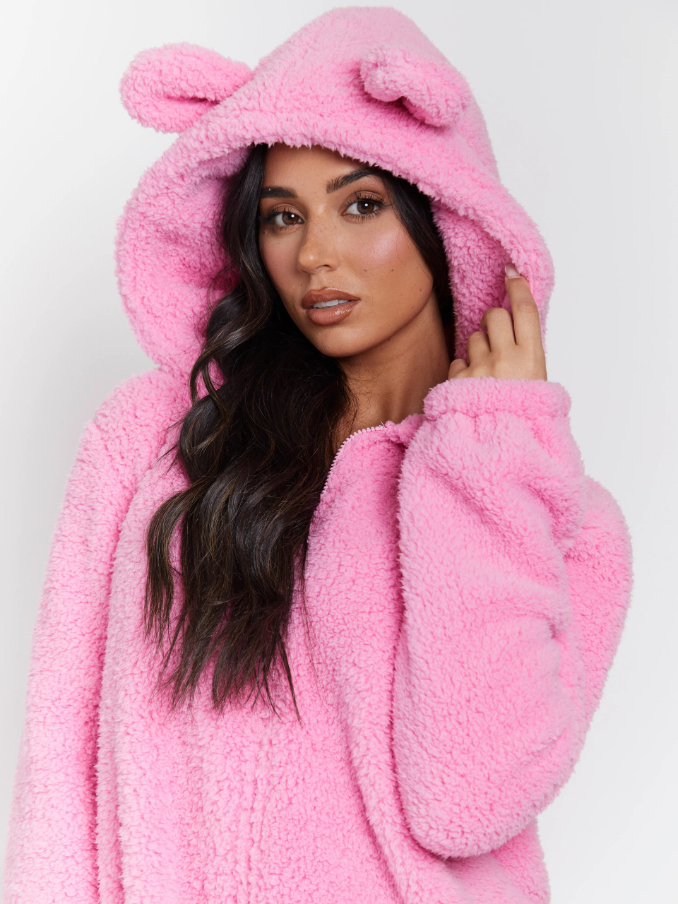 Loungeable Womens Hot Pink Large Teddy Ears Sherpa Onesie | Heat