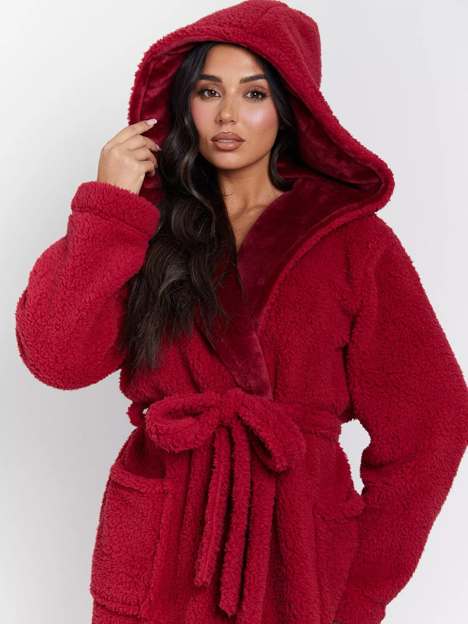 Loungeable Womens Burgundy Sherpa Luxury Lined Hood Maxi Robe | Heat Treats