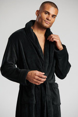 Mens Jet Black Plush Fleece Collared Bath Robe