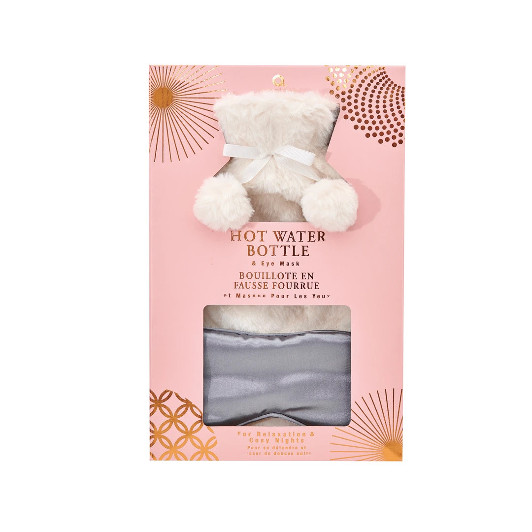 Cream Faux Fur Hot Water Bottle & Satin Eye Mask Gift Set Heat Treats