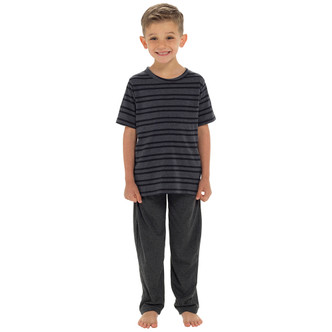 Boys Striped T-Shirt Top & Contrast Long Bottoms PJs Set: Grey