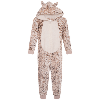 Girls Beige Leopard Luxury Flannel Fleece Hooded Onesie