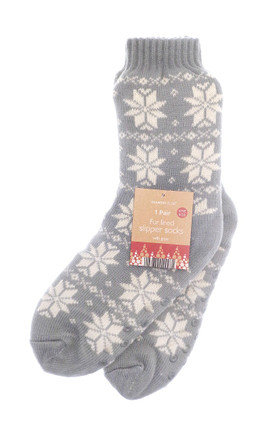 Unisex Grey Nordic Snowflake Fur Lined Slipper Socks