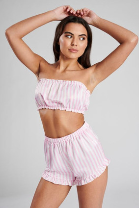 Ladies Pink & White Candy Stripe Bandeau & Shorts Pyjama Set