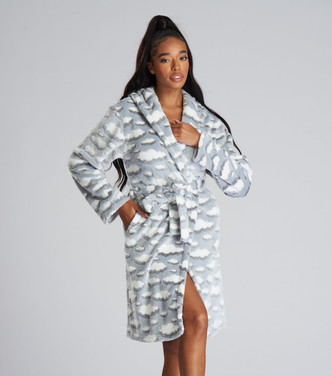 Silver Clouds Coral Fleece Hooded Bath Robe