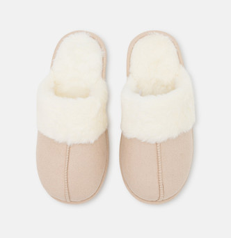 Cream Microsuede Faux Fur Lined Mule Slippers