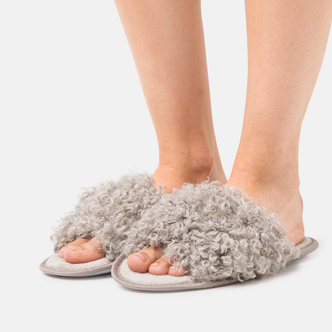 Grey Curly Faux Fur Cross Strap Sliders