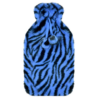 Blue Zebra Stripes Faux Fur Pompom 2L Hot Water Bottle