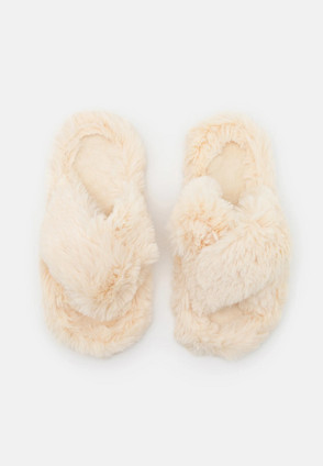 Ladies Cream Curly Faux Fur Cross Strap Sliders Heat Treats