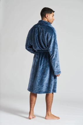 Blue Geometric Flannel Fleece Collared Bath Robe