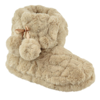 Beige Textured Faux Fur Slipper Boots