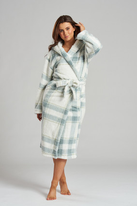 Blue Check Well Soft Fleece Midi Hooded Bath Robe