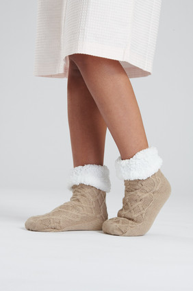 Loyngeable Beige Cable Knit Sherpa Lined Slipper Socks