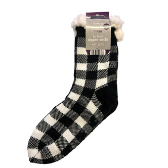 Black & White Check Sherpa Lined Slipper Socks