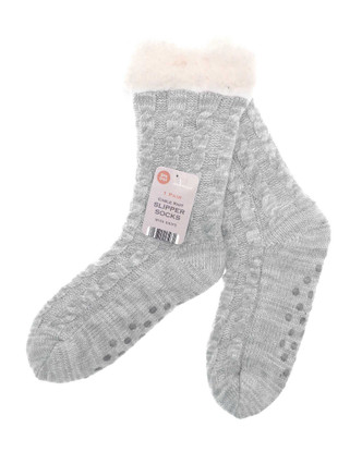 Grey Cable Knit Sherpa Lined Slipper Socks