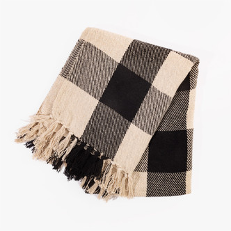 Black Gingham Recycled Cotton Fringed Throw