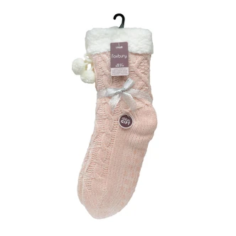 Pink Chenille Cable Knit Pompom Slipper Socks