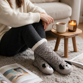3D Dog Brown Marl Cable Knit Slipper Socks