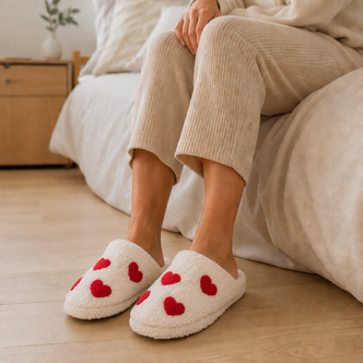 Lovehearts Cream Borg Fleece Mule Slippers