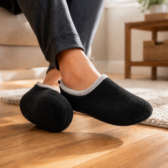 Plain Black Fleece Soft Sole Footsie Slippers