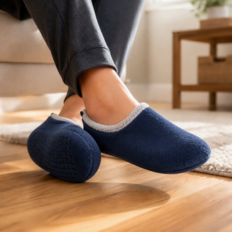 Plain Navy Fleece Soft Sole Footsie Slippers
