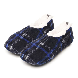 Blue Check Fleece Soft Sole Footsie Slippers
