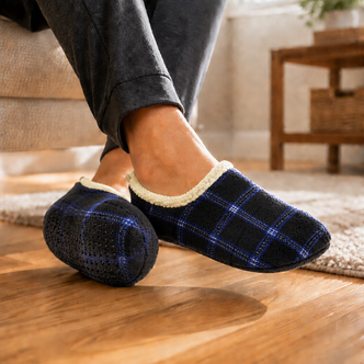 Blue Check Fleece Soft Sole Footsie Slippers