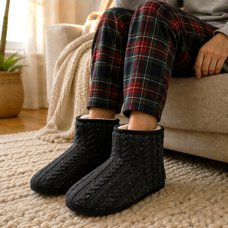 Mens Black Speckled Cable Knit Slipper Boots