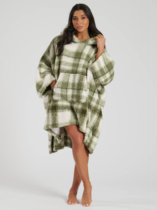 Green Check Chunky Sherpa Oversize Poncho