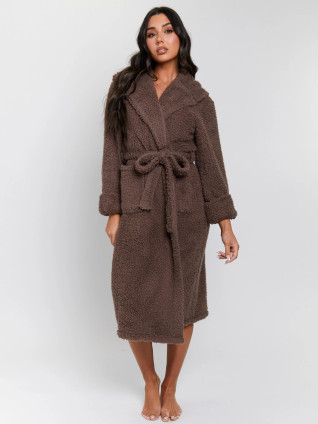 Mocha Chunky Sherpa Fleece Hooded Midaxi Robe