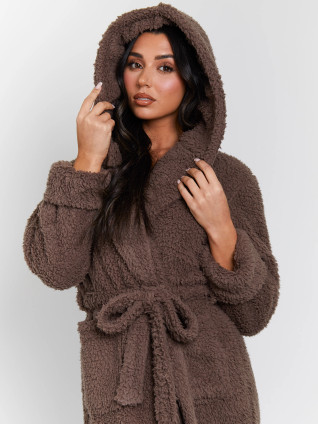 Mocha Chunky Sherpa Fleece Hooded Midaxi Robe