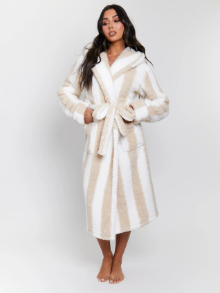 Mink & White Stripe Sherpa Fleece Hooded Midaxi Robe