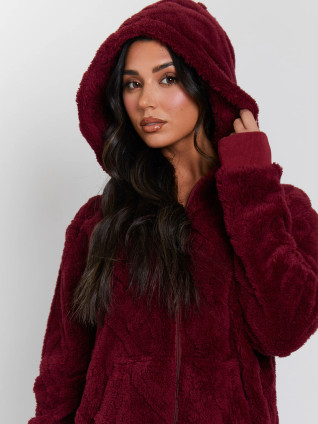 Burgundy Cable Cut Fleece Hooded Onesie