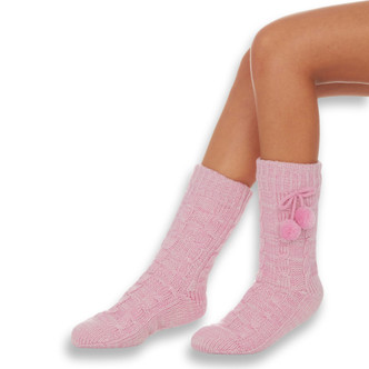 Kids Pink Sparkle Sherpa Lined Pompom Slipper Socks