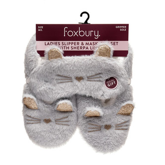 Grey Cat Faux Fur Slipper Socks & Sleep Mask