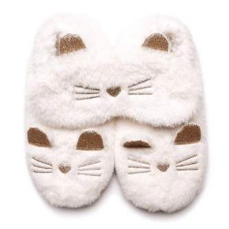 Cream Cat Faux Fur Slipper Socks & Sleep Mask