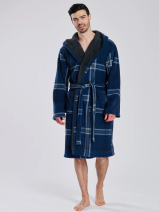 Navy Check Bonded Fleece Lined Hooded Robe