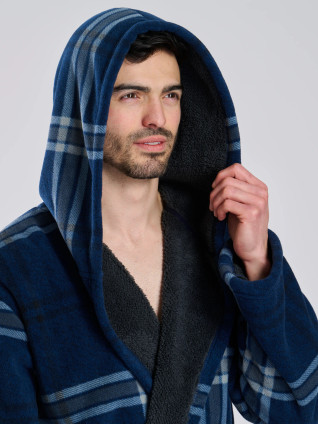 Navy Check Bonded Fleece Lined Hooded Robe
