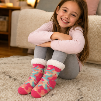 Kids Camo Design Sherpa Lined Slipper Socks