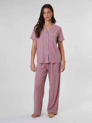 Loungeable Snooze Dusky Pink Rib Jersey Long Pyjama Set
