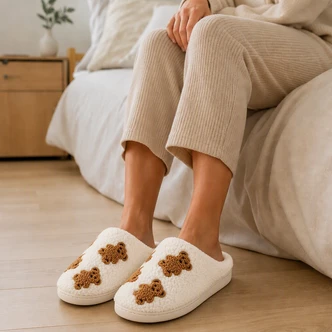 Teddy Bears Cream Borg Mule Slippers