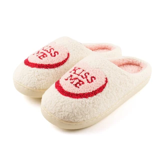 Kiss Me Lovehearts Cream Borg Mule Slippers