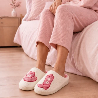 Pink Cowgirl Cream Borg Mule Slippers