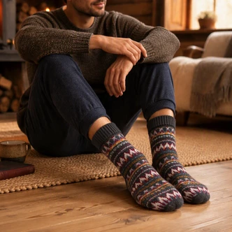 Grey & Orange Aztec Knit Chunky Slipper Socks